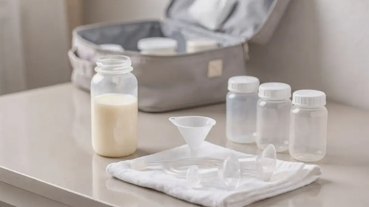 Sterile Behälter und Trichter zum Muttermilch umfüllen in einer sauberen Küche
