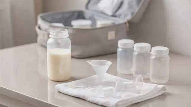 Sterile Behälter und Trichter zum Muttermilch umfüllen in einer sauberen Küche