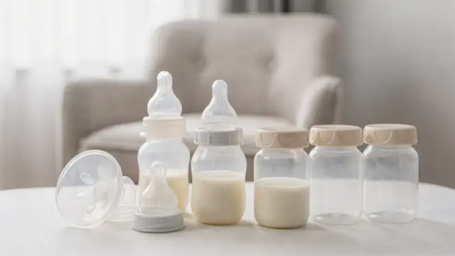 Stillleben zu Muttermilch, Stillhilfen und Babyflasche als Motiv zum Thema Anpassung an das Baby