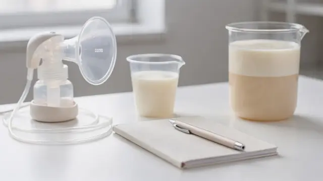 Vormilch und Hintermilch: Milchprobe, Brustpumpe und Messbecher auf hellem Tisch