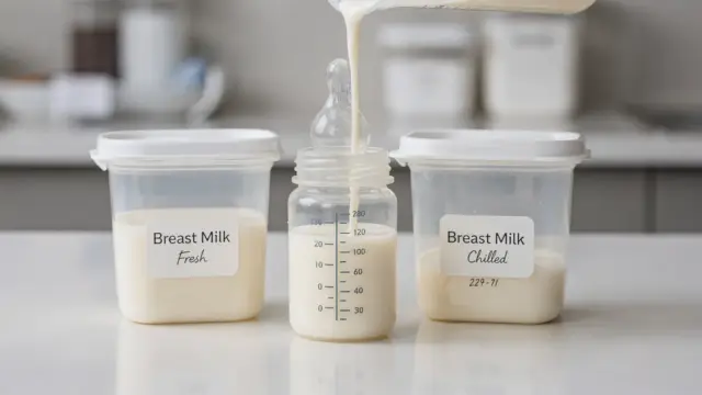 Frisch und gekühlt gemischte Muttermilch in sterilen Behältern in der Küche