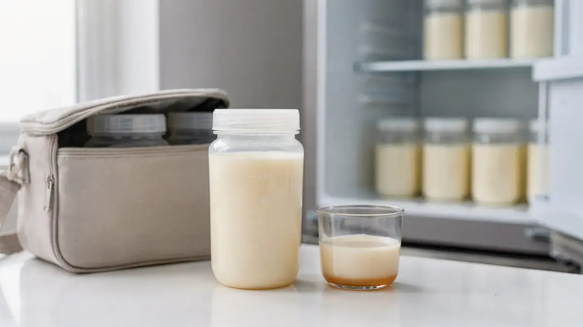 Aufbewahrte Muttermilch im Kühlschrank und Kühlbeutel zum Prüfen von Geruch, Aussehen und Haltbarkeit