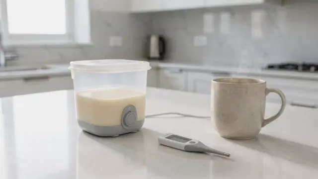 Schonendes Erwärmen von Muttermilch mit Flasche, Thermometer und Wasserbad in der Küche