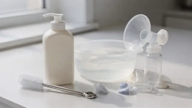 Milchpumpe-Reinigungsmittel und Zubehör für die sichere Reinigung einer Milchpumpe auf einer sauberen Arbeitsfläche