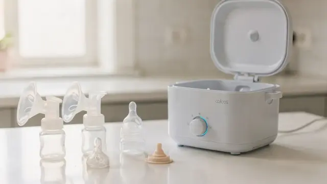 Milchpumpe-Sterilisator mit auseinandergebauten Milchpumpenteilen in heller Küchenumgebung