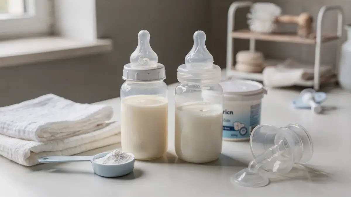 Muttermilch und Pre-Milch neben Babyflasche und Aufbewahrungsbehälter