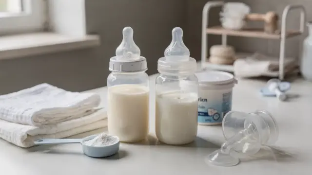 Muttermilch und Pre-Milch neben Babyflasche und Aufbewahrungsbehälter