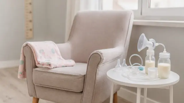 Stillleben zur Muttermilch-Versorgung: Stillzubehör, Milchbehälter und Babydecke im Kinderzimmer