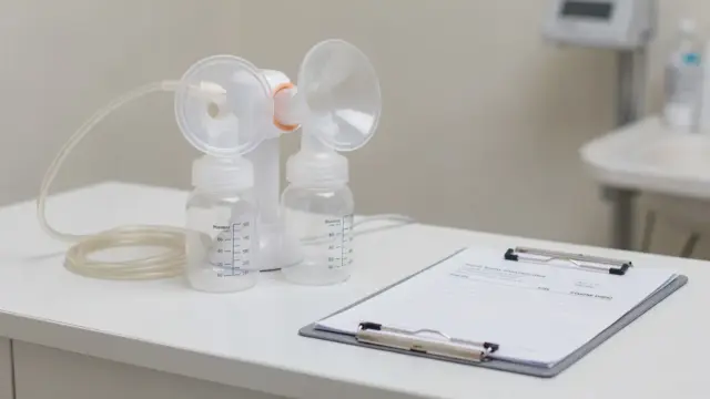 Elektrische Milchpumpe auf Rezept mit Verordnungsformular und Klinikumgebung zum Thema Milchpumpe