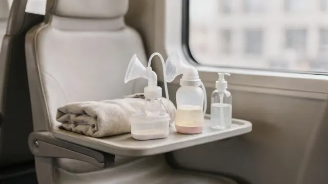 Diskretes Abpumpen in öffentlichen Verkehrsmitteln mit Milchpumpe, Abdeckung und Hygienematerial