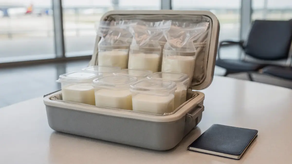 Reise-Kühlbox mit Muttermilchbehältern und Reisepass zum Mitnehmen von Muttermilch im Ausland