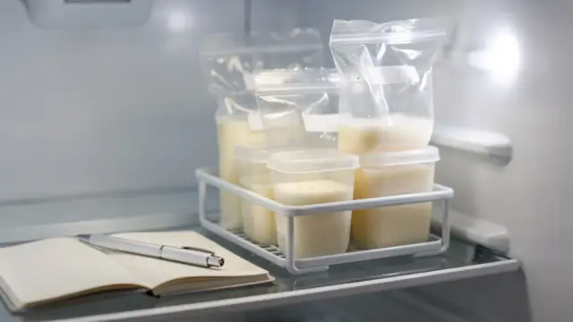 Beschriftete Muttermilch-Behälter, Protokoll und Stift zum Datenschutz bei der Aufbewahrung