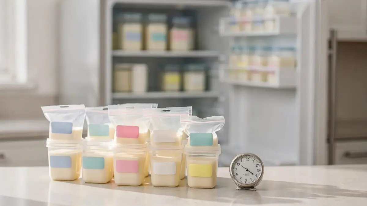 Muttermilch-Lagerzeiten zu Hause: beschriftete Behälter im Küchenbereich neben Kühlschrank und Gefrierfach