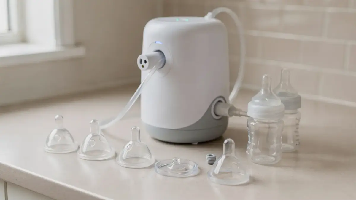 Breast pump auf einem Tisch mit Zubehör für die Prüfung eines Defekts