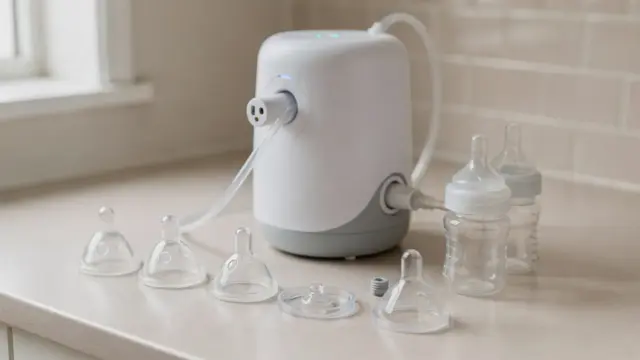Breast pump auf einem Tisch mit Zubehör für die Prüfung eines Defekts