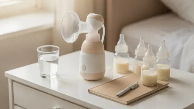 Stillleben mit Milchpumpe und Zubehör zum Thema Relaktations-Pumpplan zur Anregung der Milchbildung