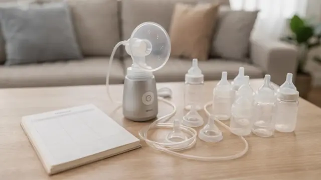Pumpplan für Adoptivstillen mit Milchpumpe, Zubehör und Notizbuch zur Milchbildung