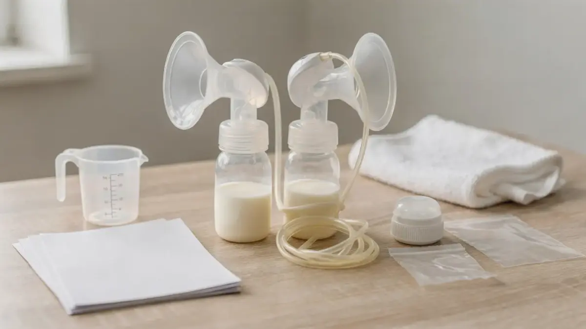 Milchpumpe-Einweisung mit Milchpumpe, Zubehör und Unterlagen in heller Beratungsumgebung