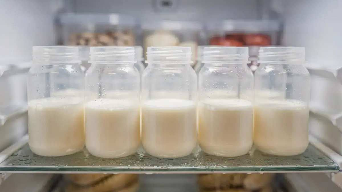 Muttermilch in Flaschen im Kühlschrank zur Aufbewahrung und Haltbarkeit
