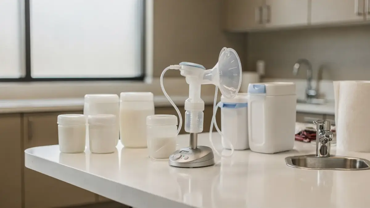 Stillraum mit Milchpumpe und Aufbewahrungsbehältern zum Abpumpen in Schichtarbeit