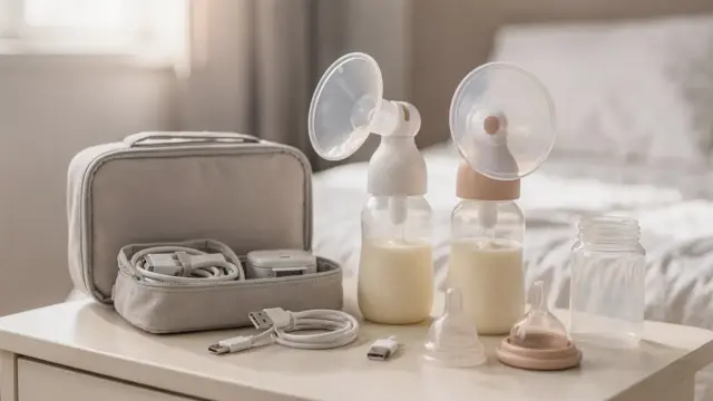 Milchpumpe unterwegs mit kompaktem Gerät, Aufbewahrungstasche und Zubehör für den Reisealltag