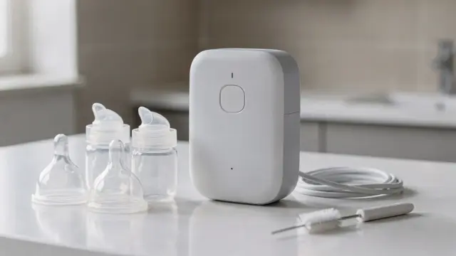 Mobile Milchpumpe mit Akku auf einer sauberen Ablage mit Zubehör für Hygiene und Laden