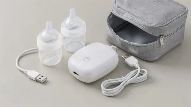 Mobile Milchpumpe mit Akku, Ladegerät und Aufbewahrungszubehör auf hellem Untergrund