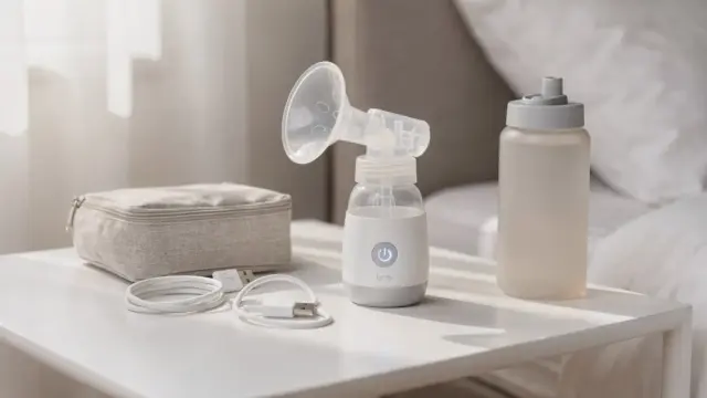 Tragbare Milchpumpe leise im Reiseetui neben Zubehör für unterwegs