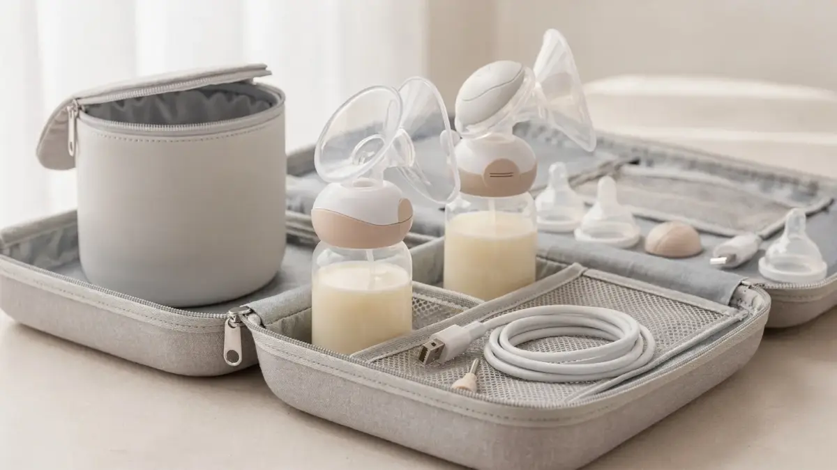 Portable Milchpumpe und Zubehör zum Abpumpen von Muttermilch unterwegs ohne Steckdose