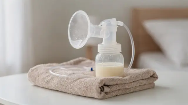 Stillleben mit Milchpumpe und Zubehör zum Thema Brustwarzen schmerzen beim Pumpen