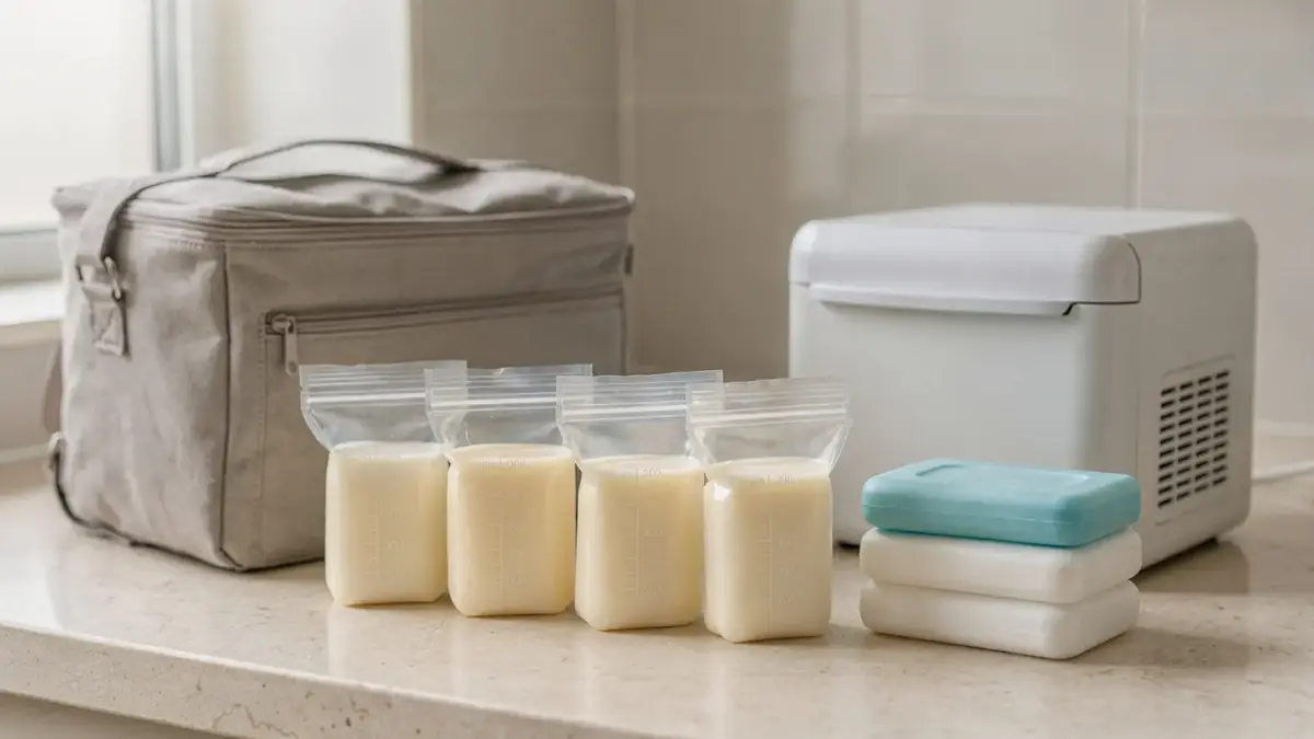 Muttermilch unterwegs einfrieren mit Milchbehältern, Kühltasche und Kühlakkus