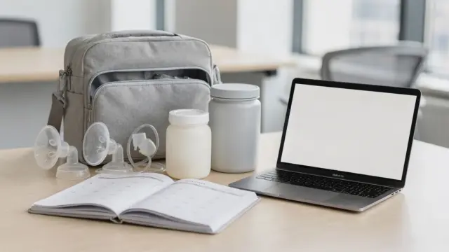 Abpumpen im Arbeitsalltag planen mit Milchpumpe, Terminplaner und Aufbewahrungsbehälter im Büro
