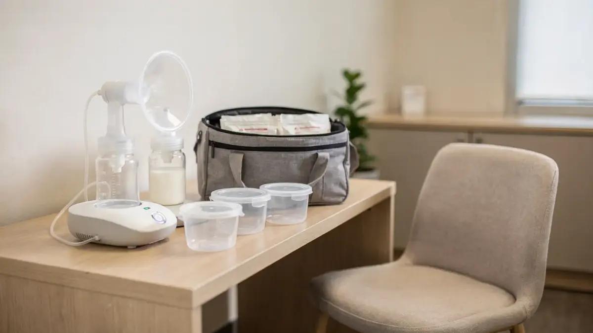 Arbeitsplatz mit Milchpumpe und Kühlbox zum Abpumpen im Job