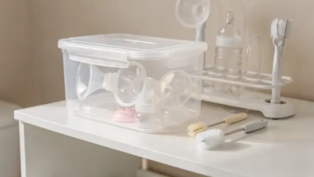 Hygienisch aufbewahrtes Pumpzubehör nach der Reinigung in einem sauberen Behälter