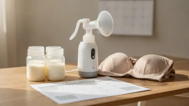 Stillleben mit Milchpumpe und Aufbewahrungsbehältern zum Thema Elterngeld und Abpumpen