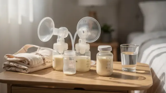 Stillleben mit Brustpumpe, Milchflaschen und Wasserglas zum Thema Milchmenge beim Pumpen steigern