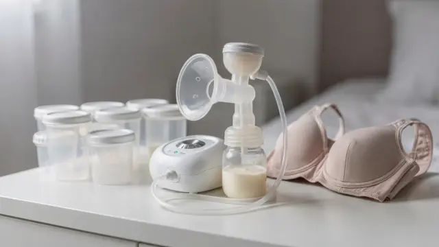 Stillleben mit Milchpumpe und Aufbewahrungsbehältern zum Thema Milchmenge steigern durch Abpumpen
