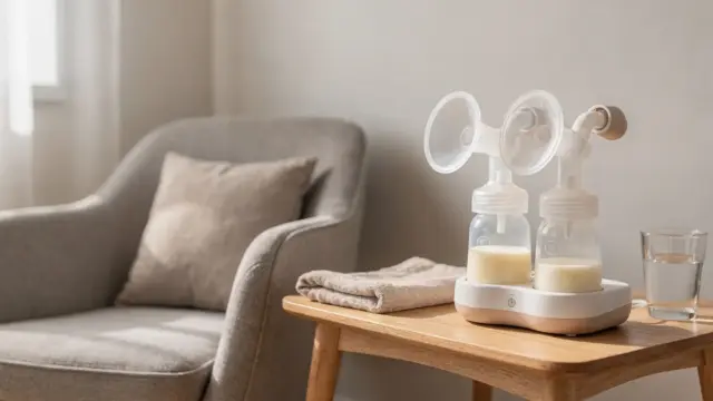 Elektrische Milchpumpe und Zubehör zum Milchaufbau in heller Wohnumgebung