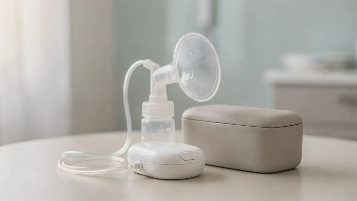 Milchpumpe mieten: Mietset mit elektrischer Milchpumpe, Flasche und Zubehör auf hellem Tisch