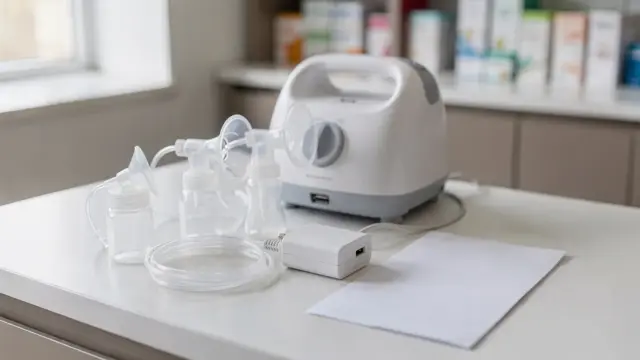 Milchpumpe-Leihgerät in einer Apotheke mit elektrischem Pumpgerät und Zubehör
