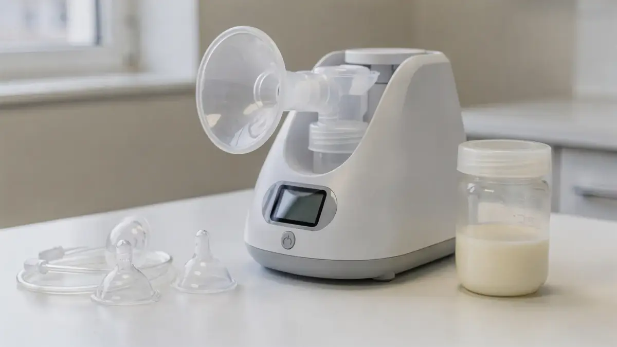 Milchpumpe und Zubehör in einer hellen Klinikumgebung für die Rückgabe einer Mietpumpe