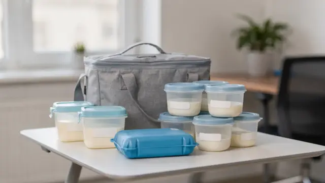 Kühlbox mit Muttermilch-Behältern am Arbeitsplatz für den sicheren Transport nach Hause