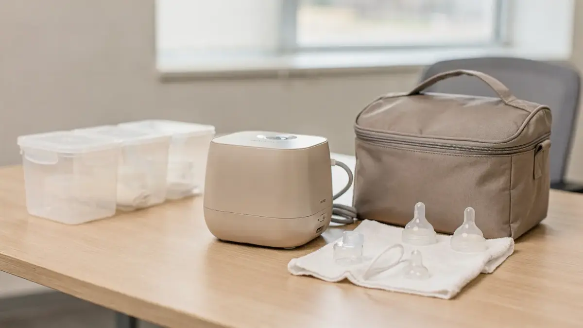 Zubehör zum Abpumpen im Job: Milchpumpe, Aufbewahrungsbehälter, Kühltasche und Stilltasche auf einem Schreibtisch.