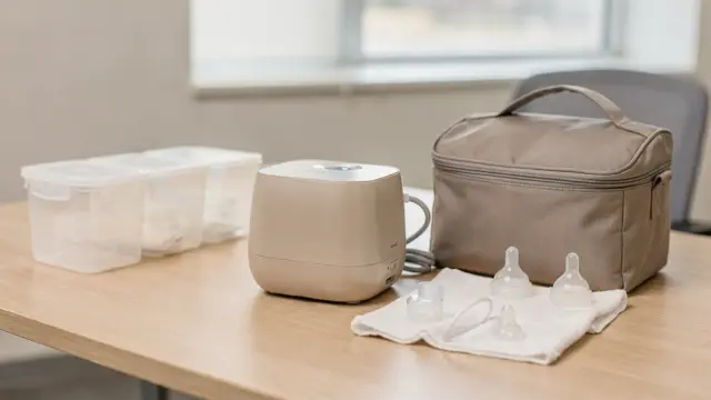 Zubehör zum Abpumpen im Job: Milchpumpe, Aufbewahrungsbehälter, Kühltasche und Stilltasche auf einem Schreibtisch.