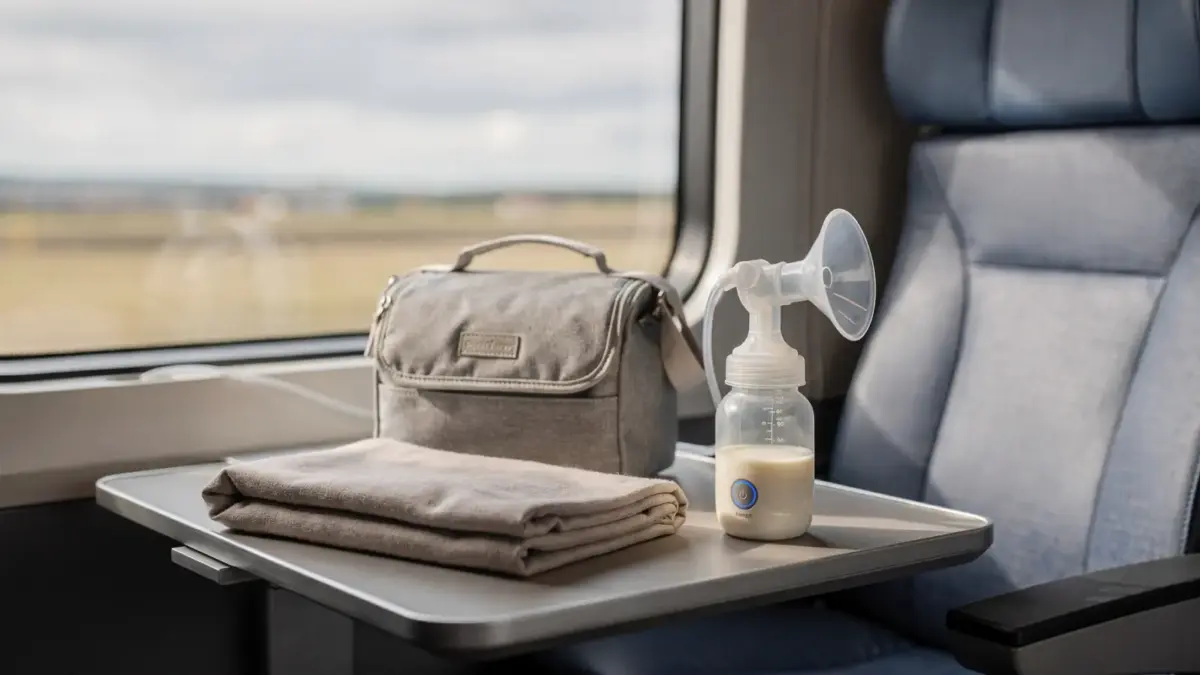 Portable Milchpumpe im Zugabteil zum Thema Abpumpen im Zug