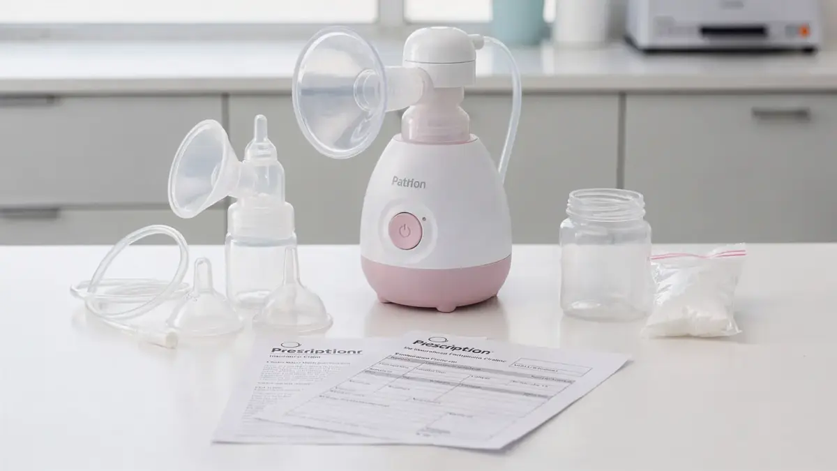 Milchpumpe mit Zubehör und Formularen zur Kostenübernahme über die Krankenkasse