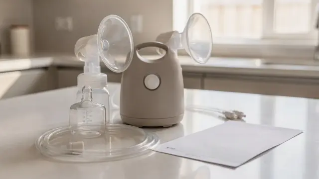 Milchpumpe und Mietunterlagen auf einer Küchenoberfläche zum Thema Kostenübernahme durch die Krankenkasse