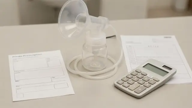 Milchpumpe auf Privatrezept mit Rezept, Abrechnung und Unterlagen auf einem Schreibtisch
