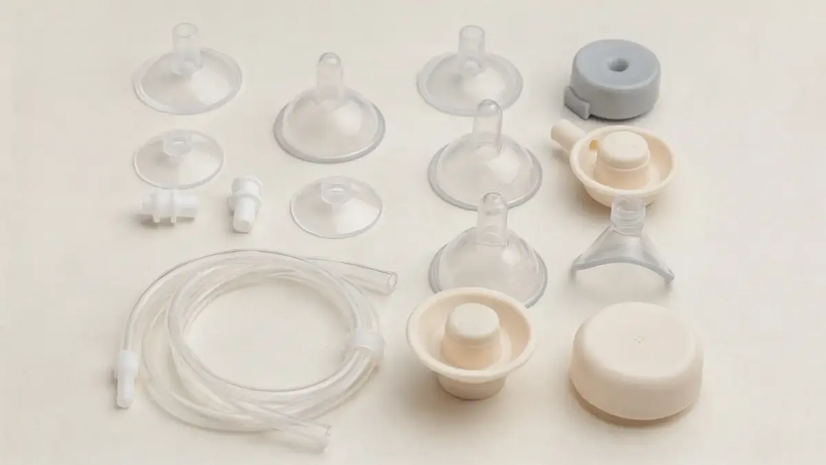Milchpumpe-Ersatzteile wie Ventile, Membranen, Schläuche und Flansche auf hellem Hintergrund