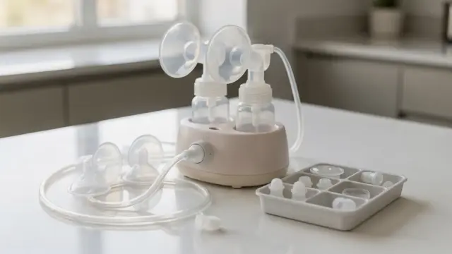 Milchpumpenventile wechseln: Ersatzventile und Milchpumpe auf einem hellen Tisch